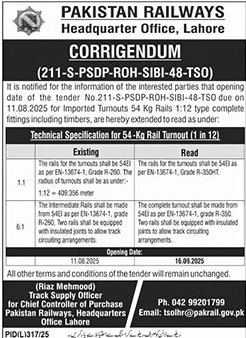 Pakistan Railways Lahore Tender Notice